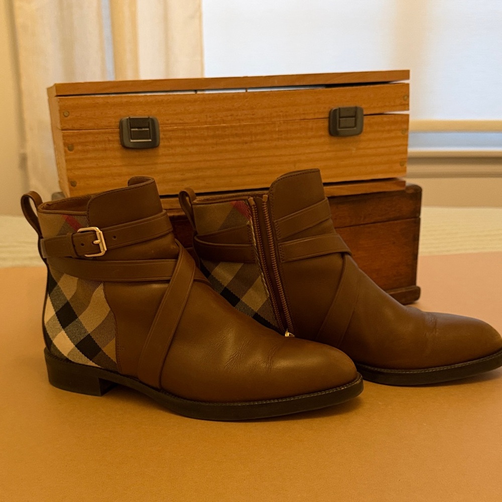Burberry Brown Ankle Boots with Plaid Detail
